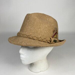 Vintage London Fog Tan Fedora Hat With Braided Band & Feather Accent Size 7 1/4